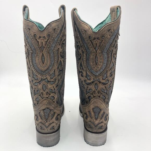 Corral Inlay Flower Embroidery Studded Leather Square Toe Western Boots Size 7 - Picture 9 of 14